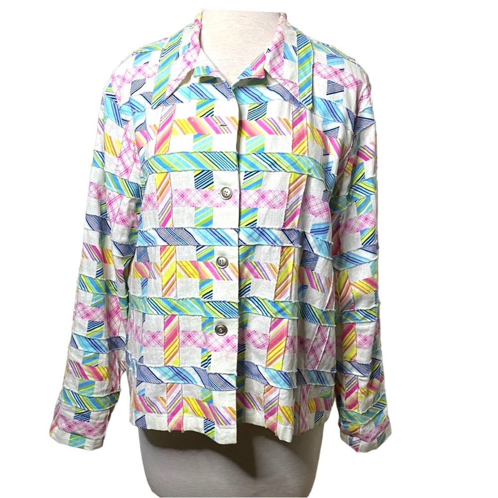 Alfred Dunner Patchwork lightweight jacket 
size 12 Petite Linen/Rayon blend